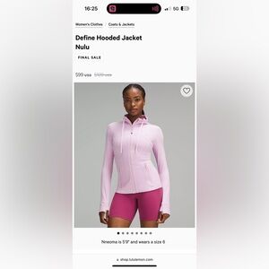 Lululemon NWT define hooded jacket nulu size6 vitapink